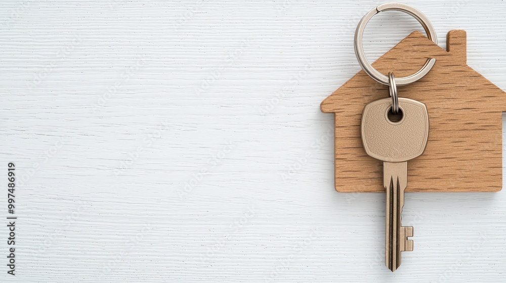 House Key on Keychain with Wooden Home Symbol Real Estate Concept House Key on Keychain with Wooden Home Symbol Real Estate Concept