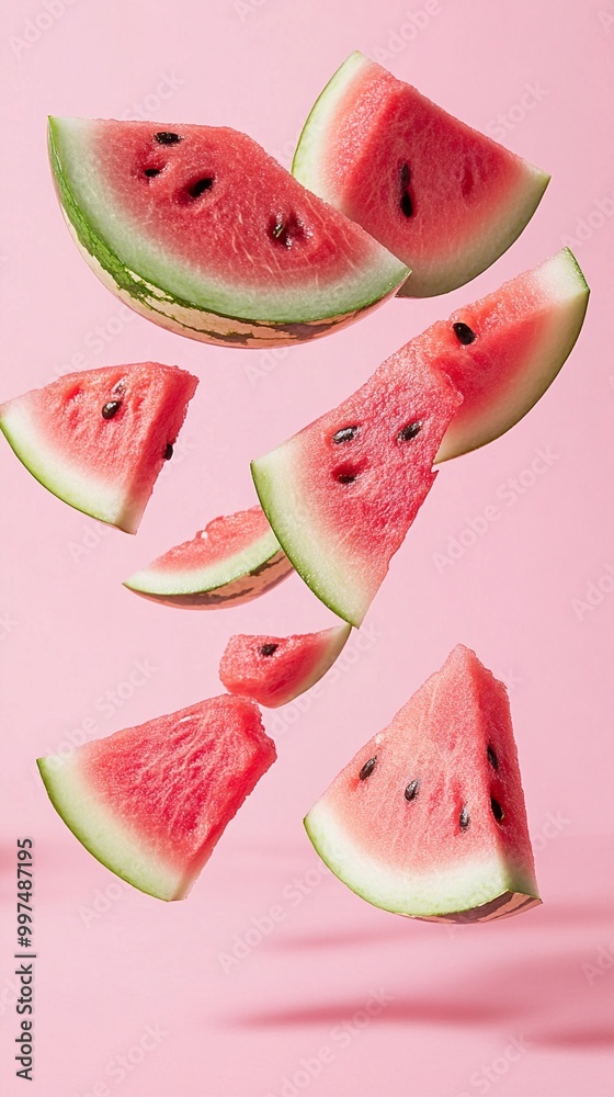 Juicy watermelon slices floating against a soft pink background, creating a refreshing and vibrant summer scene. The fruit's crisp texture and bright colors pop. Juicy watermelon slices floating against a soft pink background, creating a refreshing and vibrant summer scene. The fruit's crisp texture and bright colors pop.