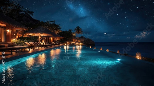 luxurious tropical resort pool illuminated by ambient lights under a starlit sky inviting tranquility and relaxation in an exotic nighttime paradise