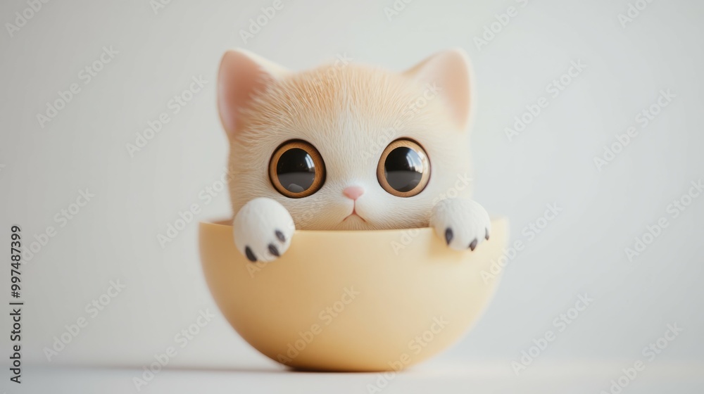 Obraz premium A cute little kitten with big eyes peeks out of a bowl.