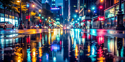 Night city in the rain with reflections on wet street, urban, cityscape, rainy, wet, night time, lights