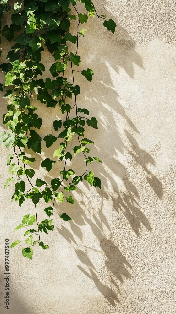 Lush green ivy cascades down a sun-drenched white wall, casting intricate shadows in a mesmerizing interplay of light and nature, creating a serene ambiance. Lush green ivy cascades down a sun-drenched white wall, casting intricate shadows in a mesmerizing interplay of light and nature, creating a serene ambiance.