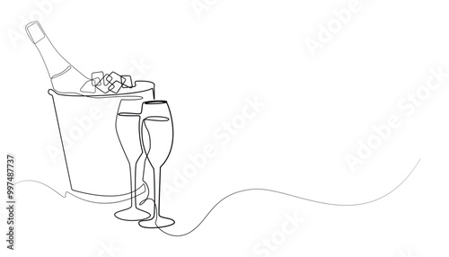 continuous line Champagne Bottle Wine Bucket Alcoholic drink.drawing one line on a white background