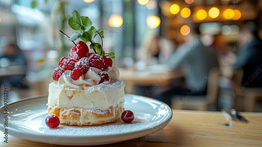 A Close-up of a Delectable Cream-Based Dessert Garnished with Fresh Berries and Powdered Sugar A Close-up of a Delectable Cream-Based Dessert Garnished with Fresh Berries and Powdered Sugar
