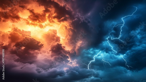 Dramatic clash of fiery orange and electric blue storm clouds illuminated by vivid lightning strikes, showcasing nature's raw power in a breathtaking sky.