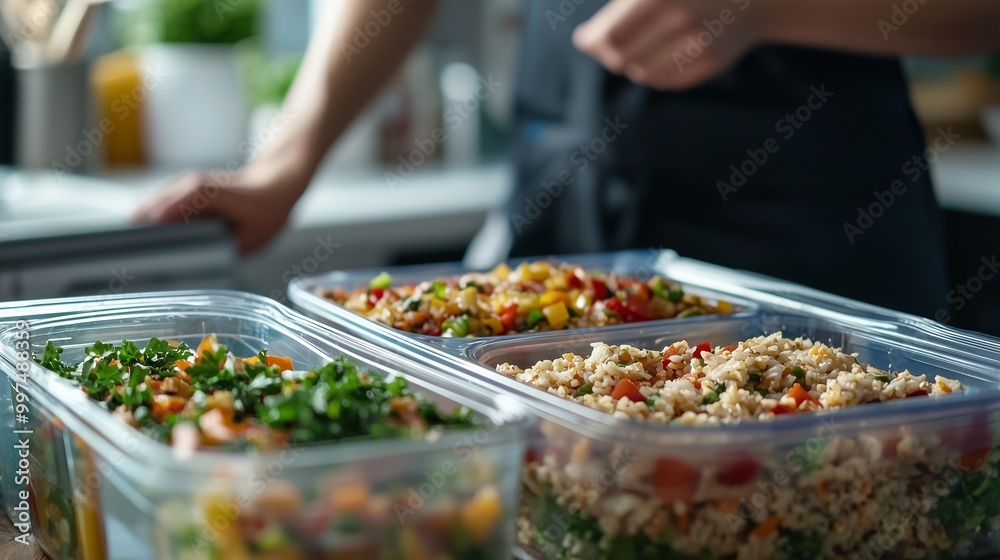 Obraz premium Meal prep containers with balanced portions of vegetables, grains, and proteins, emphasizing portion control.