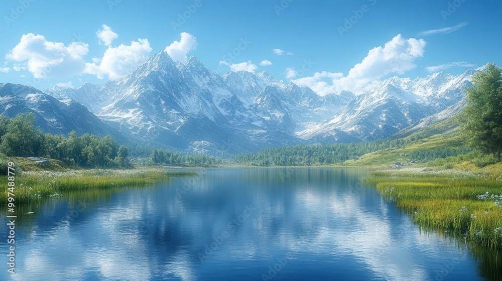 majestic view of high mountain meadows under a clear blue sky framed by towering peaks and tranquil waters reflecting the beauty of nature evoking a sense of peace and grandeur majestic view of high mountain meadows under a clear blue sky framed by towering peaks and tranquil waters reflecting the beauty of nature evoking a sense of peace and grandeur