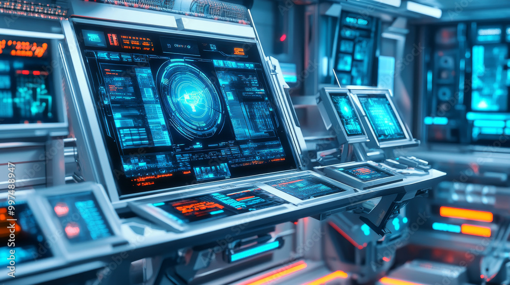 This image shows a modern security system for computers and devices. It uses the internet to protect them, and it's designed to be innovative and effective.