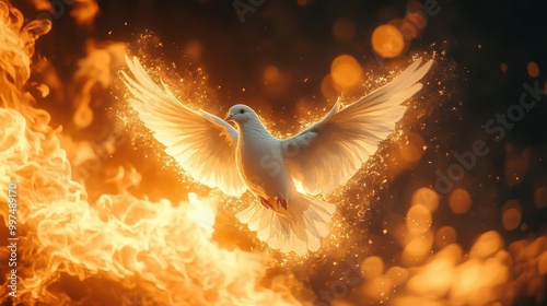 majestic white dove soars through a dark background enveloped in vibrant flames symbolizing peace and hope the striking contrast between fire and the dove creates a powerful visual statement