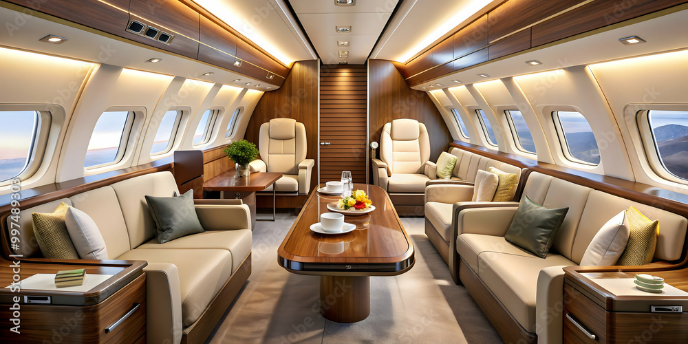 Fototapeta premium Luxurious interior of airplane, first class flight, luxury, airplane, first class, travel, comfortable, elegance