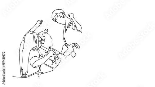 Wallpaper Mural Self drawing animation of single line draw happy businessman and woman sitting and celebrating their successful sales product or big project. Team work goal. Continuous line draw. Full length animated Torontodigital.ca