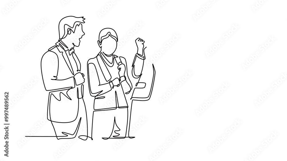 Self drawing animation of single line draw of happy promoted man and woman manager celebrate at office meeting room together. Business teamwork celebration. Continuous line draw. Full length animated Self drawing animation of single line draw of happy promoted man and woman manager celebrate at office meeting room together. Business teamwork celebration. Continuous line draw. Full length animated