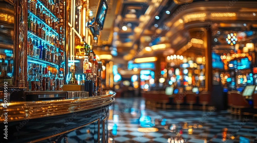 Bar Counter with Bottles and Blurry Background of Casino Bar Counter with Bottles and Blurry Background of Casino