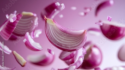 Vibrant purple onion slices floating in mid-air against a soft pink background, creating a dynamic and visually striking culinary composition.