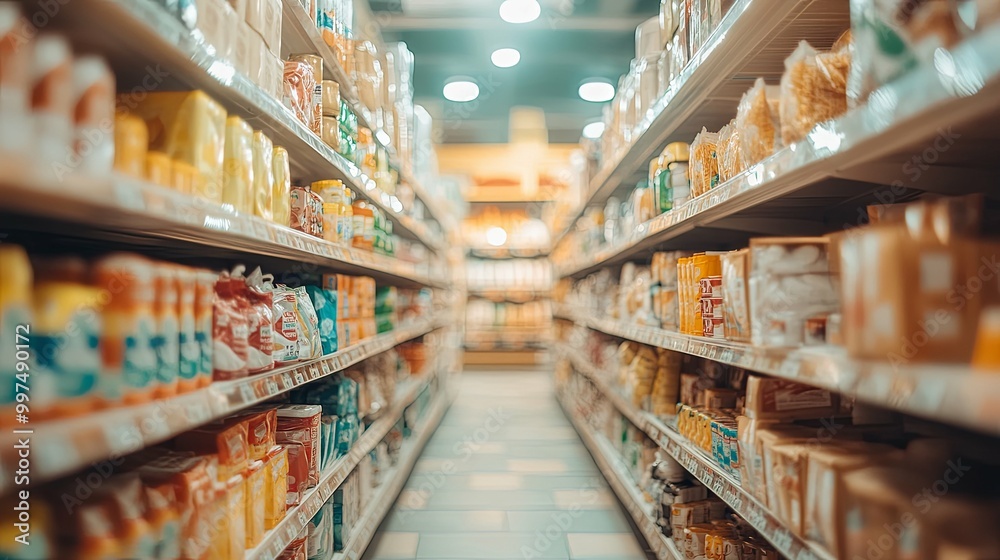 Grocery store aisle with shelves stocked with various products Grocery store aisle with shelves stocked with various products