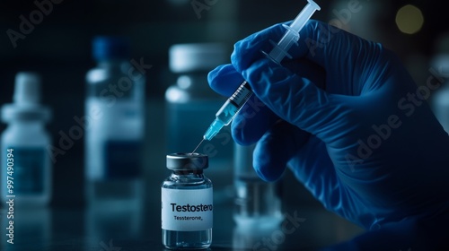A gloved hand is carefully drawing testosterone from a vial into a syringe with a focus on precision in a dimly lit laboratory environment during a medical procedure.