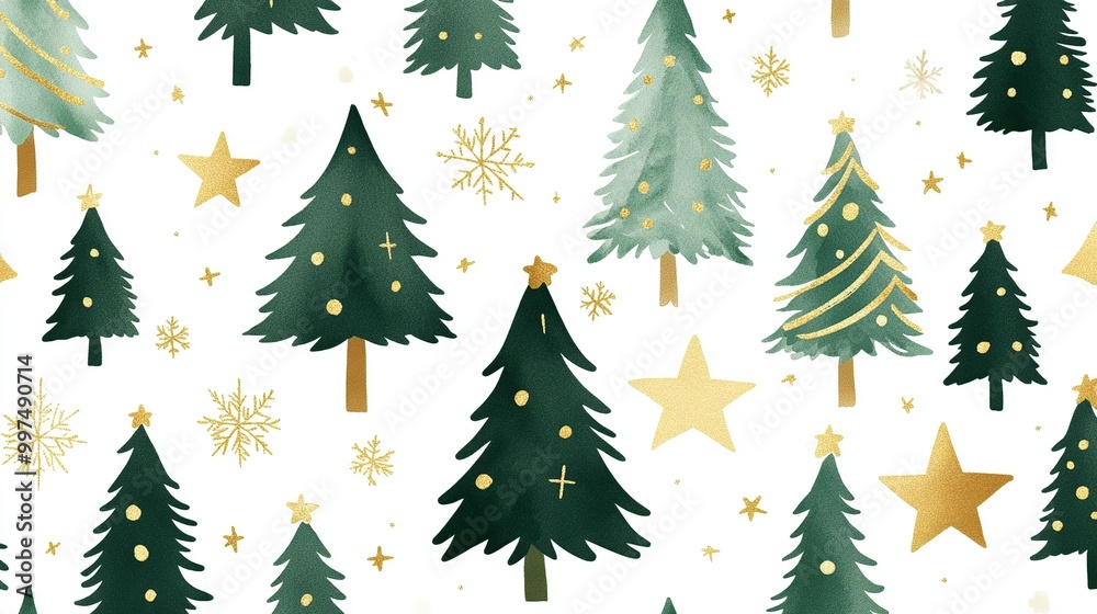 Festive pattern featuring Christmas trees and stars. Festive pattern featuring Christmas trees and stars.