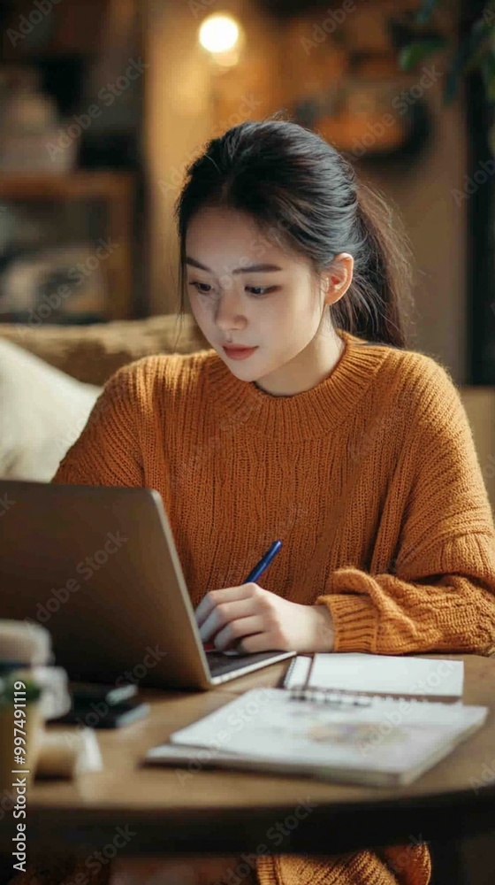 Young woman in cozy orange sweater working intently on laptop at home, warm lighting creates inviting atmosphere for remote work or study session. Young woman in cozy orange sweater working intently on laptop at home, warm lighting creates inviting atmosphere for remote work or study session.