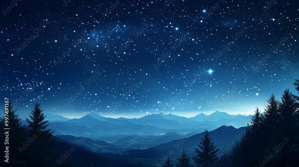 Majestic mountain silhouettes under a starry night sky, with coniferous trees framing the foreground. The Milky Way stretches across the deep blue heavens.