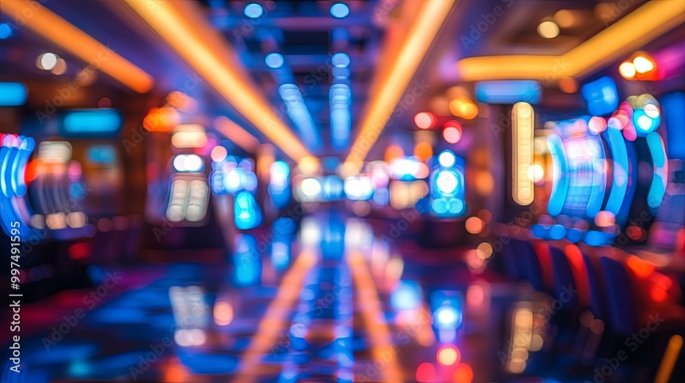Blurred View of a Casino Floor with Slot Machines and Neon Lights Blurred View of a Casino Floor with Slot Machines and Neon Lights