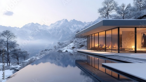 minimalist design showcasing the modern exterior of a luxury villa nestled in the mountains featuring glass walls that reflect breathtaking mountain views from a stylish veranda