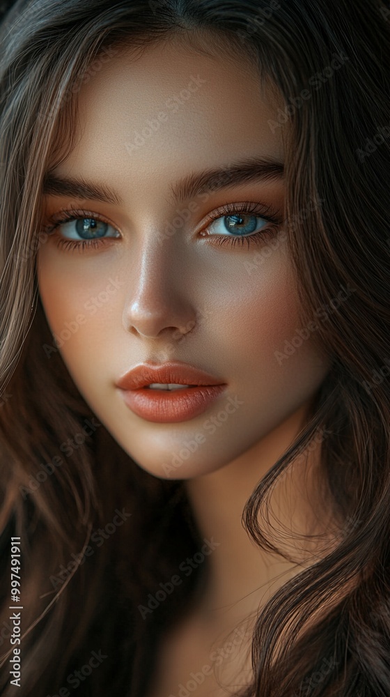 Captivating close-up portrait showcasing striking blue eyes, flawless skin, and luscious lips. Dark hair frames the face, creating a mesmerizing contrast against soft, warm-toned makeup. Captivating close-up portrait showcasing striking blue eyes, flawless skin, and luscious lips. Dark hair frames the face, creating a mesmerizing contrast against soft, warm-toned makeup.