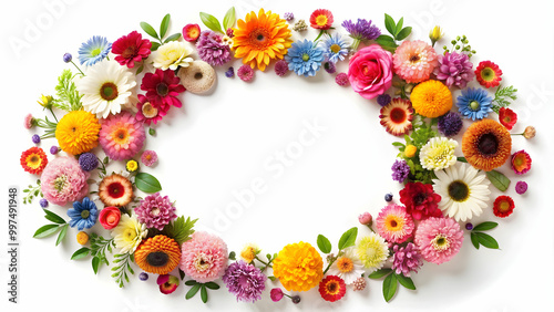 Circle frame made of colorful flowers, perfect for wedding invitations, posters, and cards, flower, frame, circle,colorful