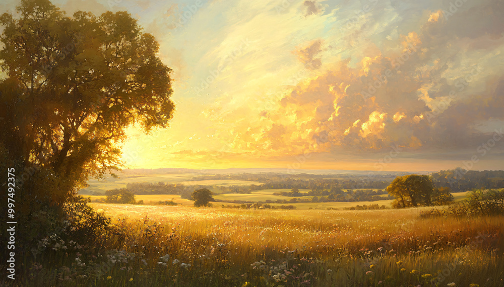 A sun-kissed landscape with warm golden hues over a quiet countryside, radiating tranquility and peace