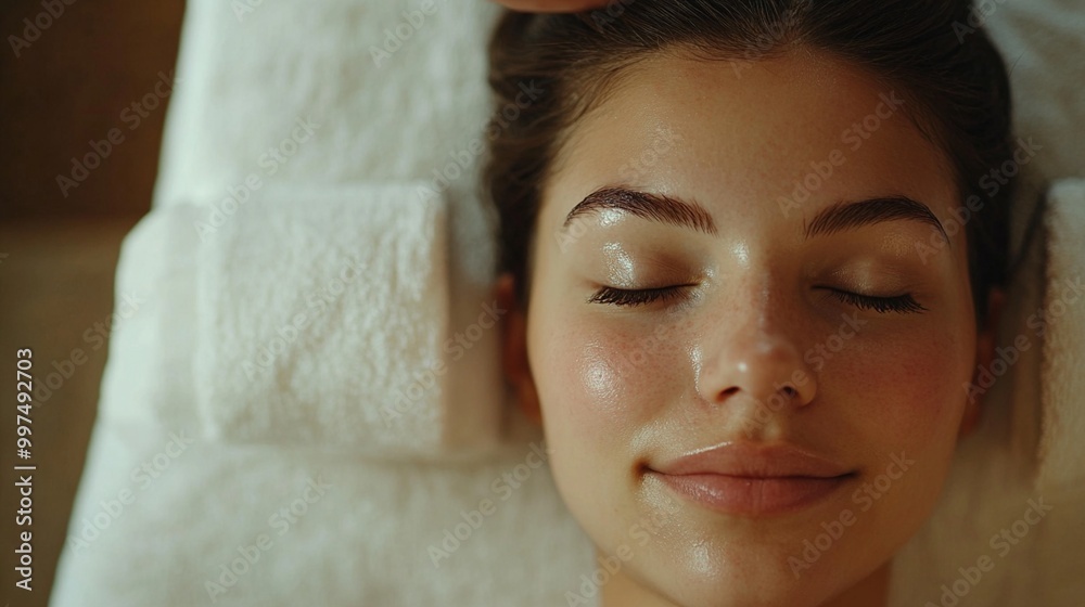 Serene woman with closed eyes and glowing skin relaxes during spa treatment, surrounded by soft white towels, embodying tranquility and self-care. Serene woman with closed eyes and glowing skin relaxes during spa treatment, surrounded by soft white towels, embodying tranquility and self-care.
