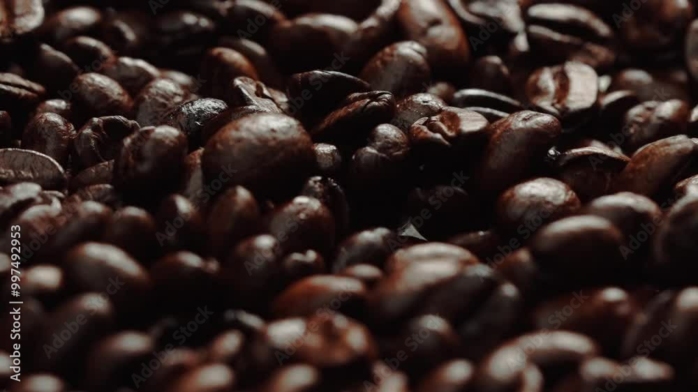 Close up of falling coffee bean with black background. Slow motion. Abstract of roasted coffee fall down with pile of coffee bean ready for making coffee brewing method or ingredients. Comestible. Close up of falling coffee bean with black background. Slow motion. Abstract of roasted coffee fall down with pile of coffee bean ready for making coffee brewing method or ingredients. Comestible.