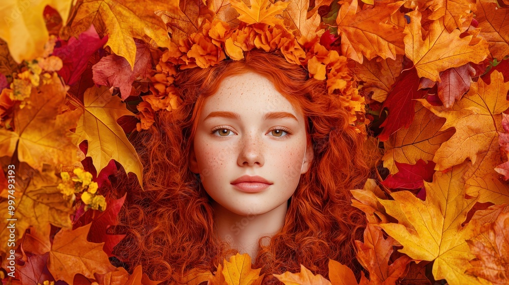 Autumn Woman with Red Hair and Leaves Seasonal Beauty Portrait Autumn Woman with Red Hair and Leaves Seasonal Beauty Portrait