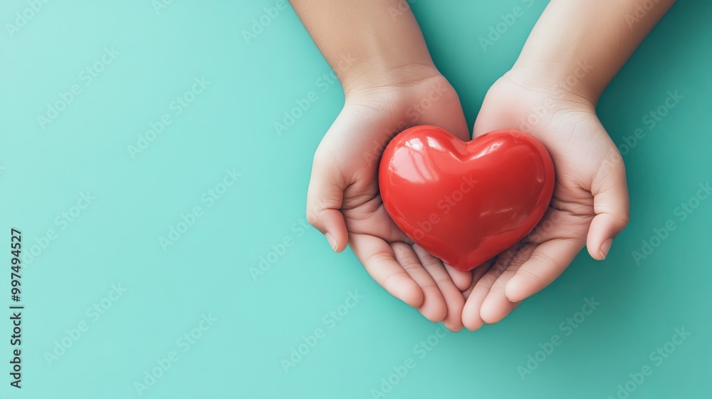 Hands holding a red heart on a teal background. Hands holding a red heart on a teal background.