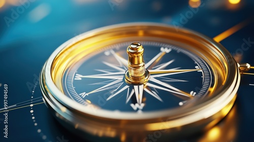 A close-up image of a gold compass on a blue background, symbolizing navigation and exploration. photo