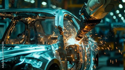 A close-up of a robotic arm welding a car frame, the intense heat and precision of the process captured in stunning detail