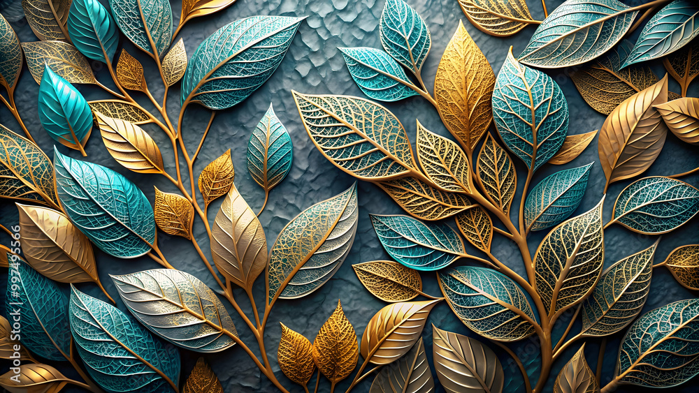 Abstract composition of platinum, gold, and cyan metallic leaves with intricate textures and vibrant colors , abstract
