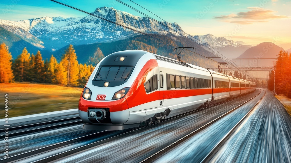 Naklejka premium High-speed train traveling through scenic mountain landscape in autumn