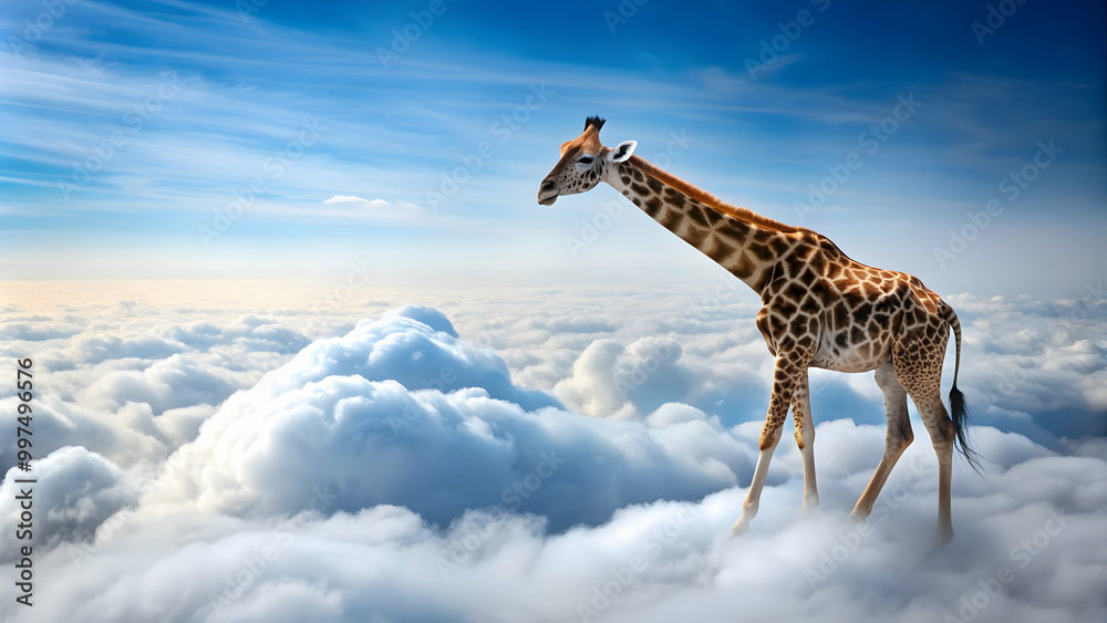 Fototapeta premium of a giraffe peacefully grazing above fluffy white clouds, giraffe, clouds, sky, above, peaceful, nature, wildlife, surreal