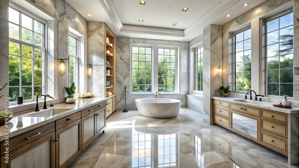 Marble-topped bathroom with lots of windows and , luxury, modern, elegant, marble Marble-topped bathroom with lots of windows and , luxury, modern, elegant, marble