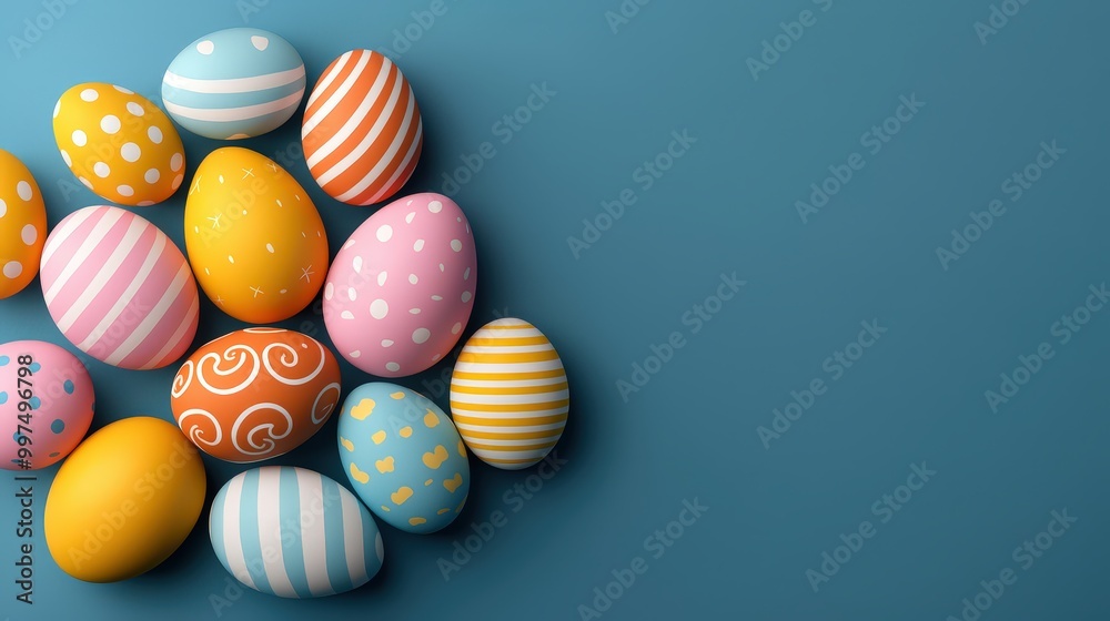 Colorful Easter Eggs on Blue Background Spring Celebration Holiday Decoration Colorful Easter Eggs on Blue Background Spring Celebration Holiday Decoration