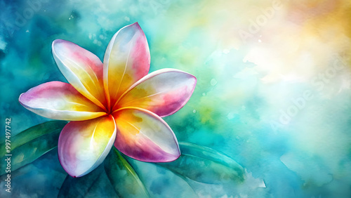 Close-up watercolor of a tropical frangipani flower in soft, translucent hues, frangipani, tropical, flower, watercolor,close-up