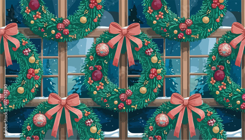 Christmas wreaths adorned with ribbons and ornaments