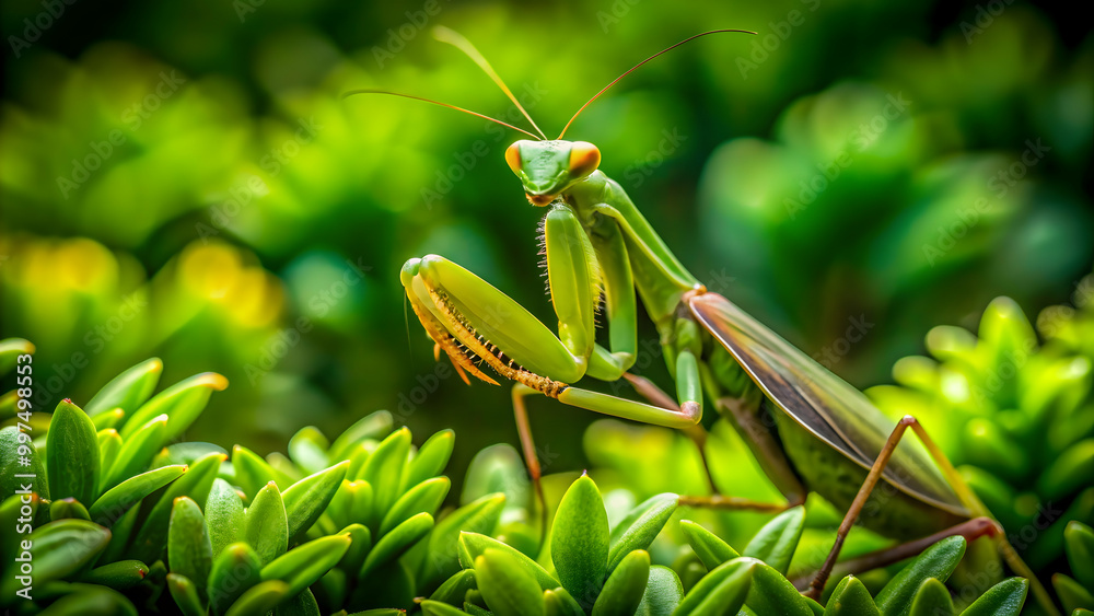 Closeup of camouflaged praying mantis blending in with vibrant green foliage, praying mantis, camouflaged, closeup, nature Closeup of camouflaged praying mantis blending in with vibrant green foliage, praying mantis, camouflaged, closeup, nature