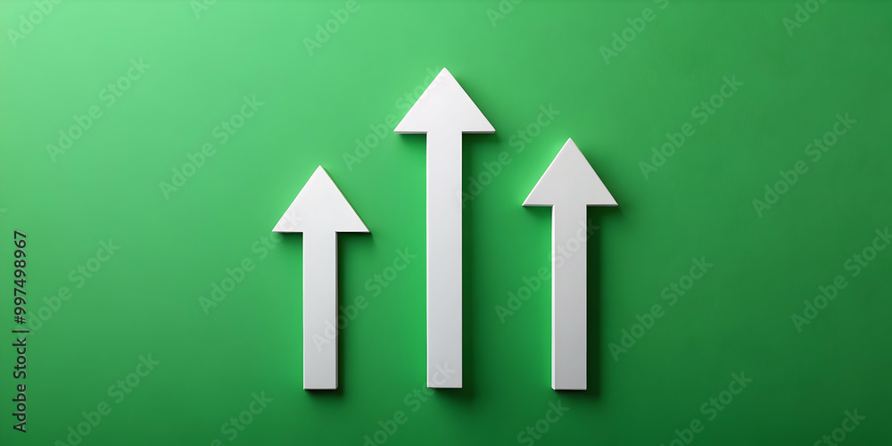 Three white arrows pointing up symbolizing business success on a green background, business, target, direction, success Three white arrows pointing up symbolizing business success on a green background, business, target, direction, success