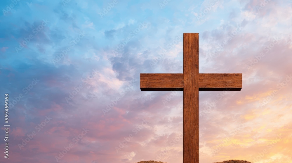 Wooden Cross Silhouette Against Dramatic Sunset Sky Wooden Cross Silhouette Against Dramatic Sunset Sky