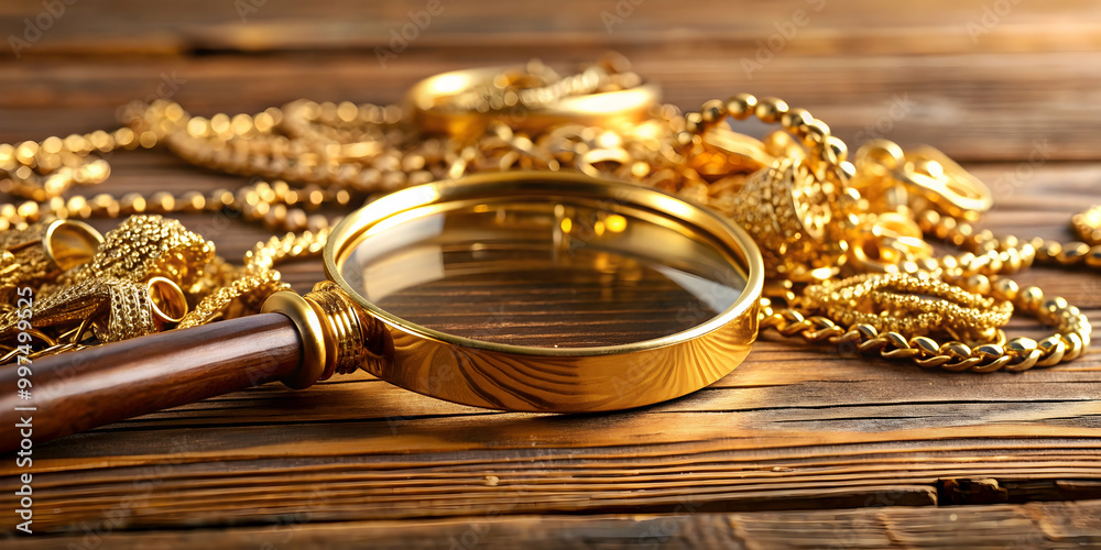 Golden jewelry and magnifying glass on wooden background in pawnshop concept, pawnshop, gold, rings, chain, earrings