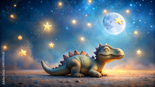 Fototapeta Naklejka Na Ścianę i Meble -  Cute baby dinosaur dreaming with stars in background, dinosaur, baby, dream, stars, night, cute, fantasy, magical