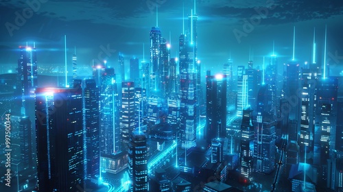 Futuristic Cityscape with Neon Lights at Night