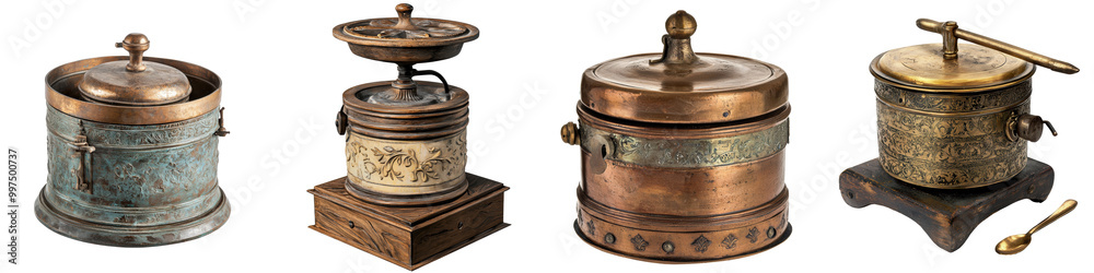 Antique coffee grinders on a white isolate background. and transparent background Antique coffee grinders on a white isolate background. and transparent background