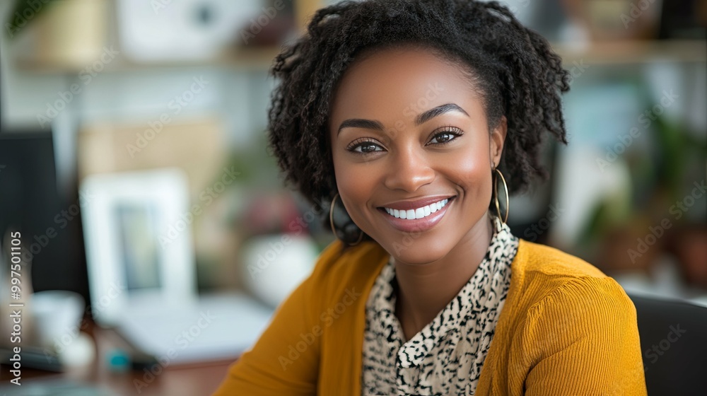 Portrait of a smiling black woman in a yellow cardigan Portrait of a smiling black woman in a yellow cardigan