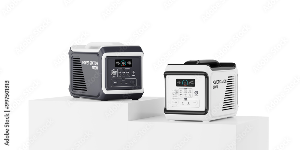 White Podium Pedestal Stands with High Capacity Portable Power Generator Stations. 3d Rendering White Podium Pedestal Stands with High Capacity Portable Power Generator Stations. 3d Rendering